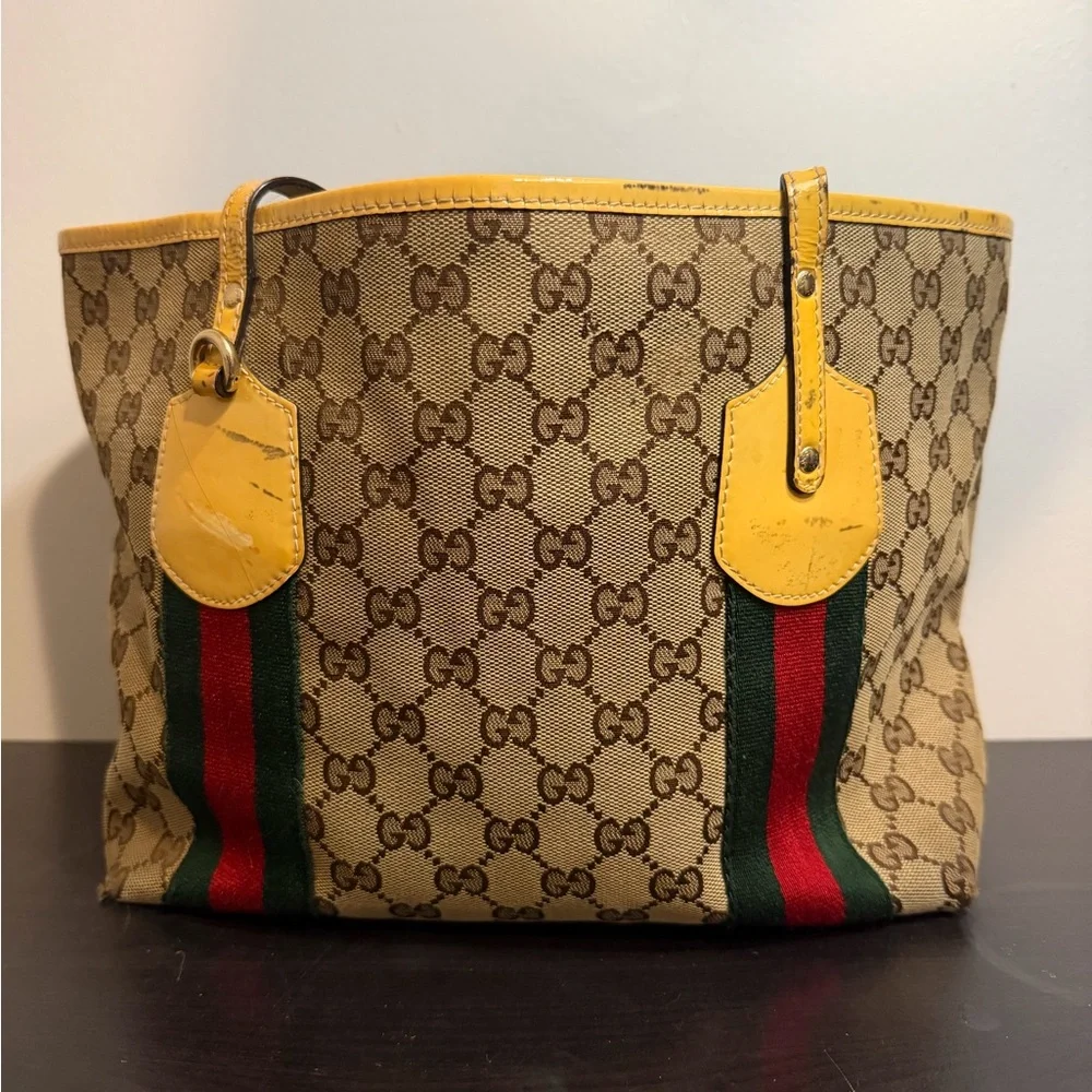Gucci Beige Tote with Yellow and Green-Red Stripes - Picture 1 of 9